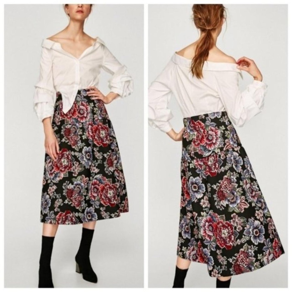 Zara floral embroidered jacquard midi skirt
